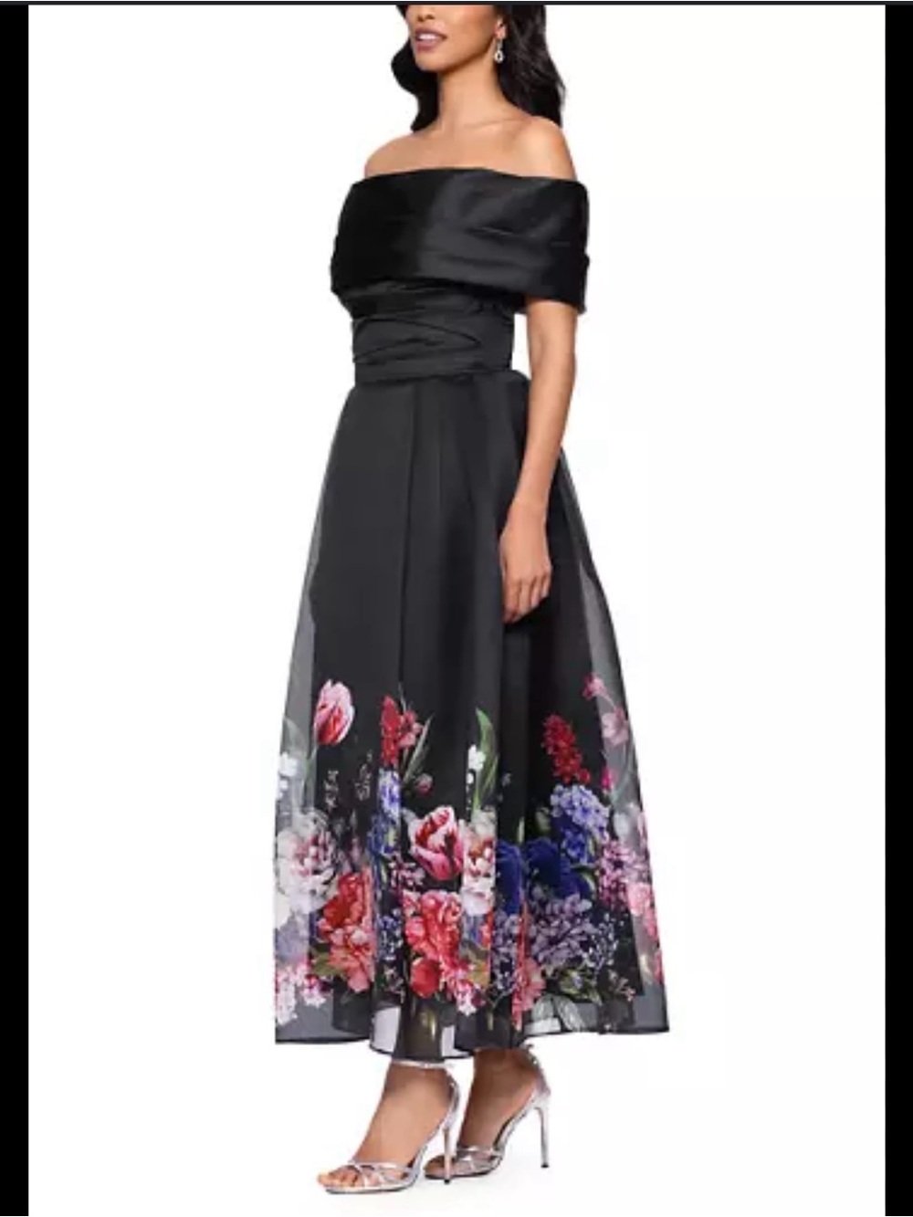Betsy & Adam Black Off-Shoulder Maxi Dress with Floral Hem
